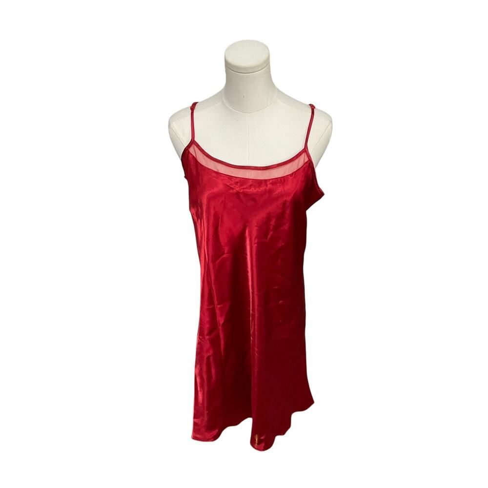 Enchanting Red Satin Slip Mini Dress Lingerie Mesh Trim Size Large